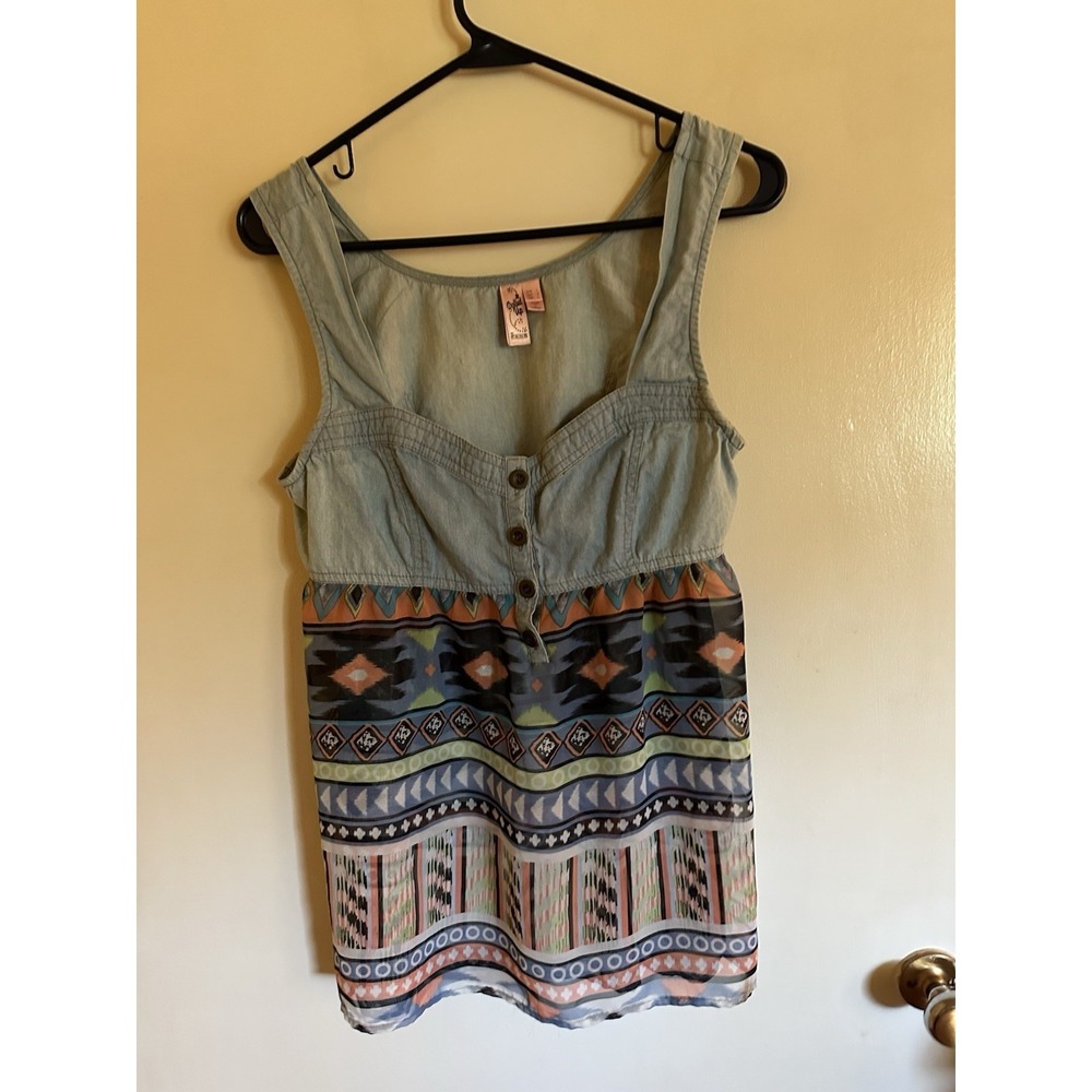 Y2K dolled up FANG Camisole tank Top Denim Bodice Sheer Southwest Waist Sz LG